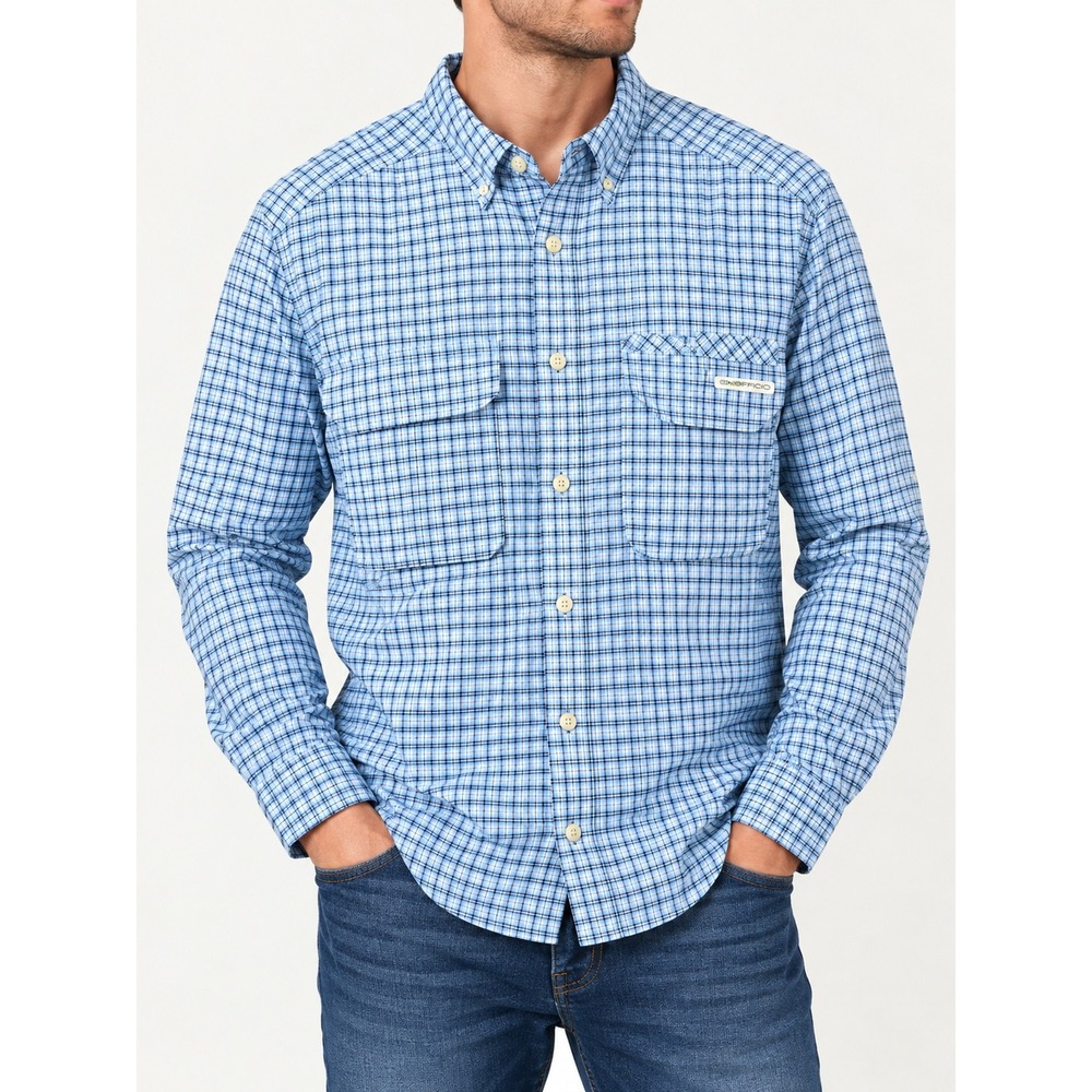 ExOfficio Air Strip Fishing Shirt Mens Large Blue Plaid Long Sleeve Ventilated